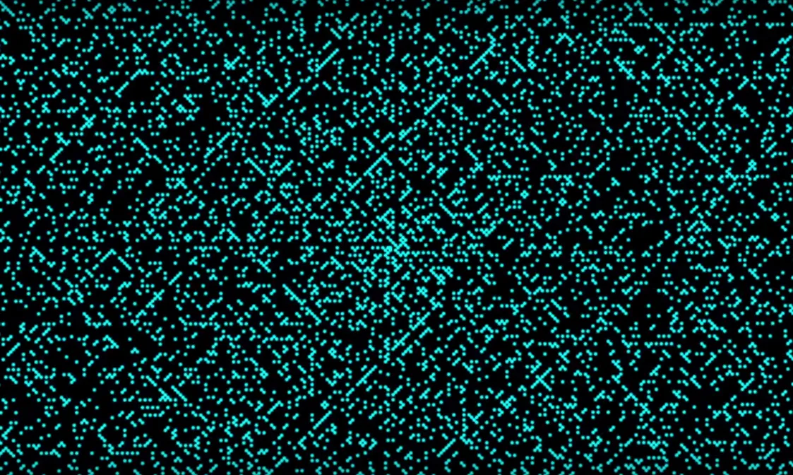 Distribuição dos números primos (em verde), em espiral crescente do centro para as bordas. 
